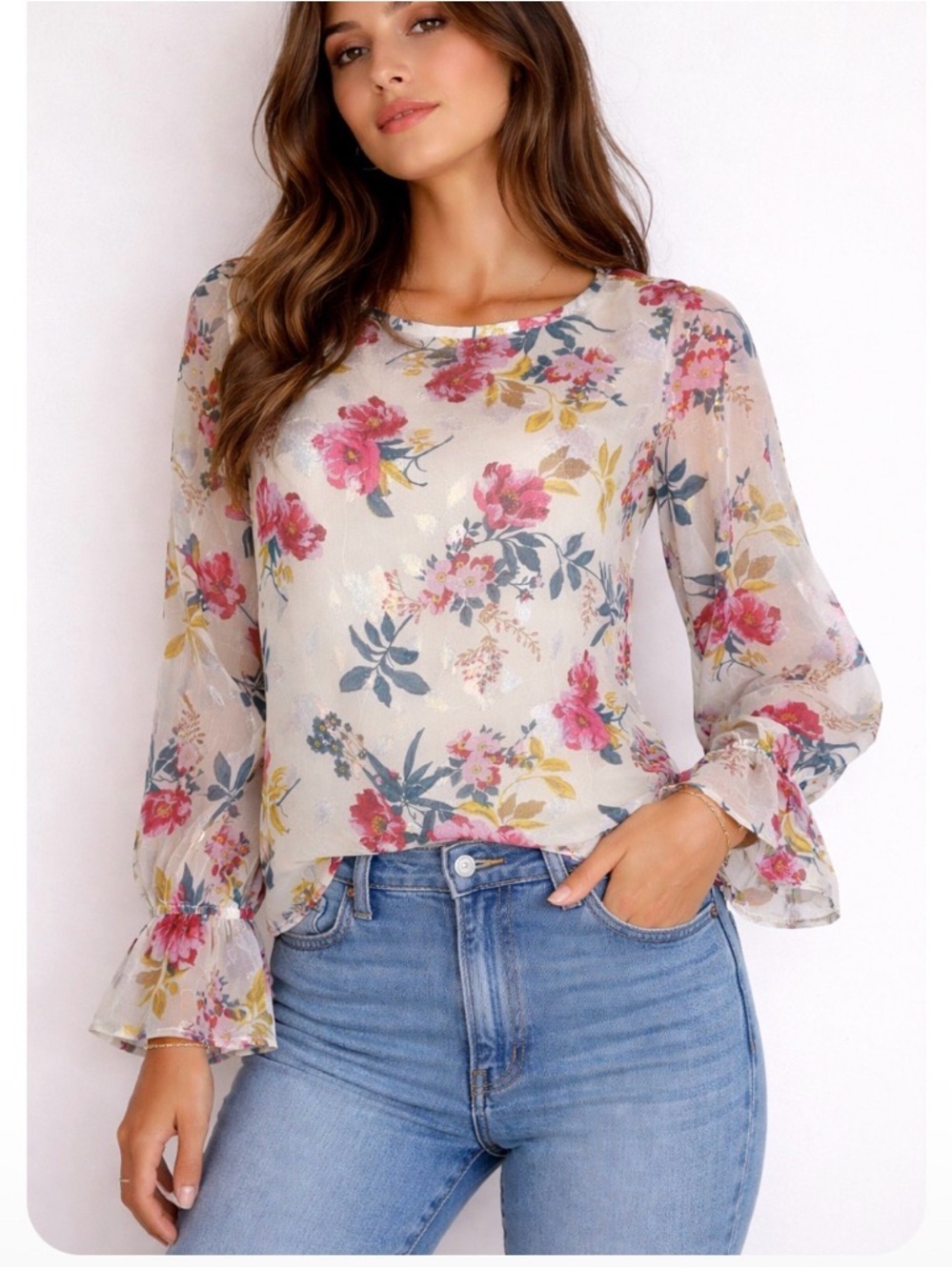 Loft blouse top Shimmer Floral Chiffon Ruffle Puff Sleeve Blouse Size Cream SZ S